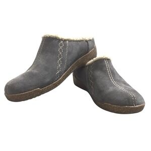 Earth Origins Johanna Clog Mules Women's 6 Grey Faux Fur Lined Stitched Comfort